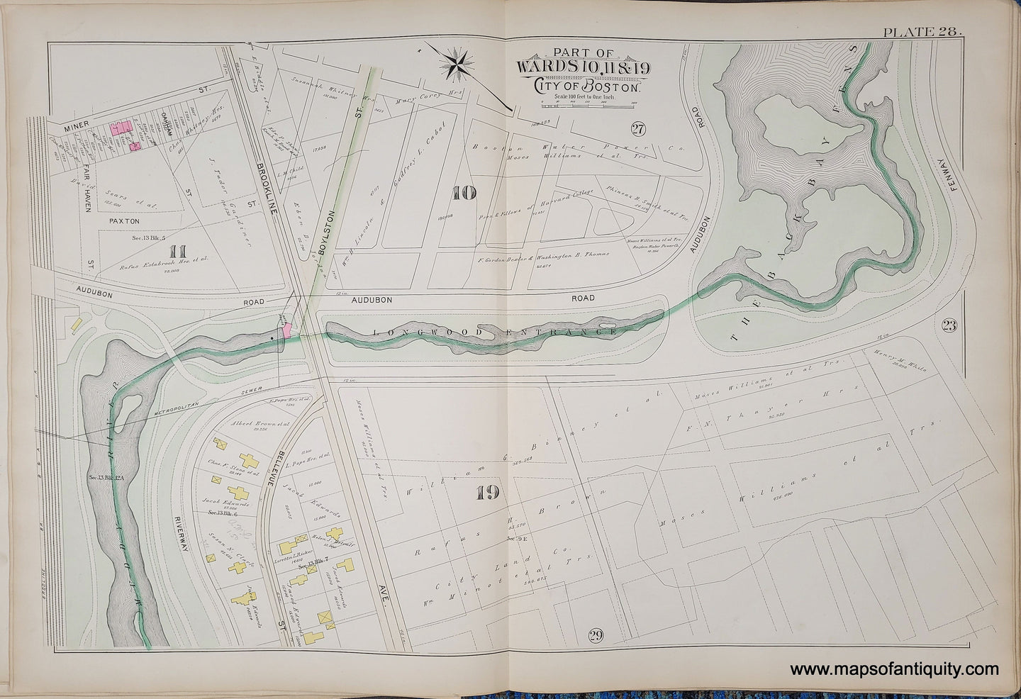 Genuine-Antique-Map-Plate-28-Part-of-Ward-10-11--19-City-of-Boston-1895-Bromley-Maps-Of-Antiquity