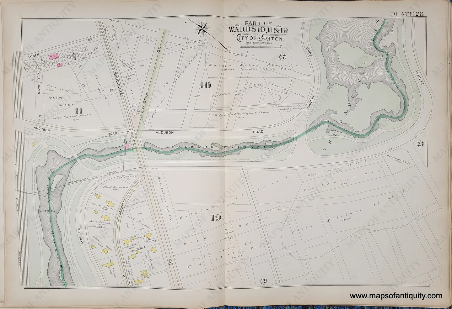 Genuine-Antique-Map-Plate-28-Part-of-Ward-10-11--19-City-of-Boston-1895-Bromley-Maps-Of-Antiquity