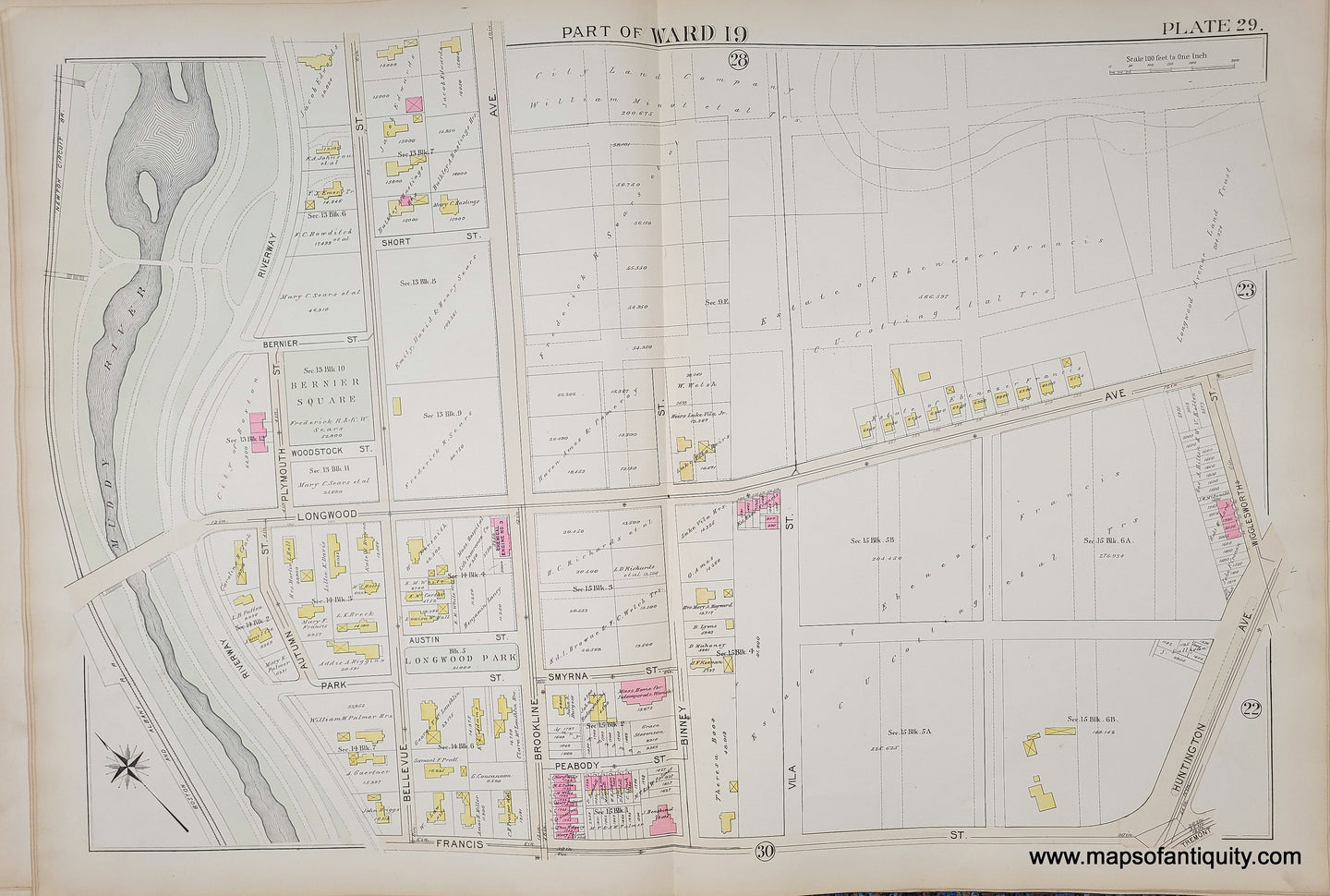 Genuine-Antique-Map-Plate-29-Part-of-Ward-19-City-of-Boston-1895-Bromley-Maps-Of-Antiquity