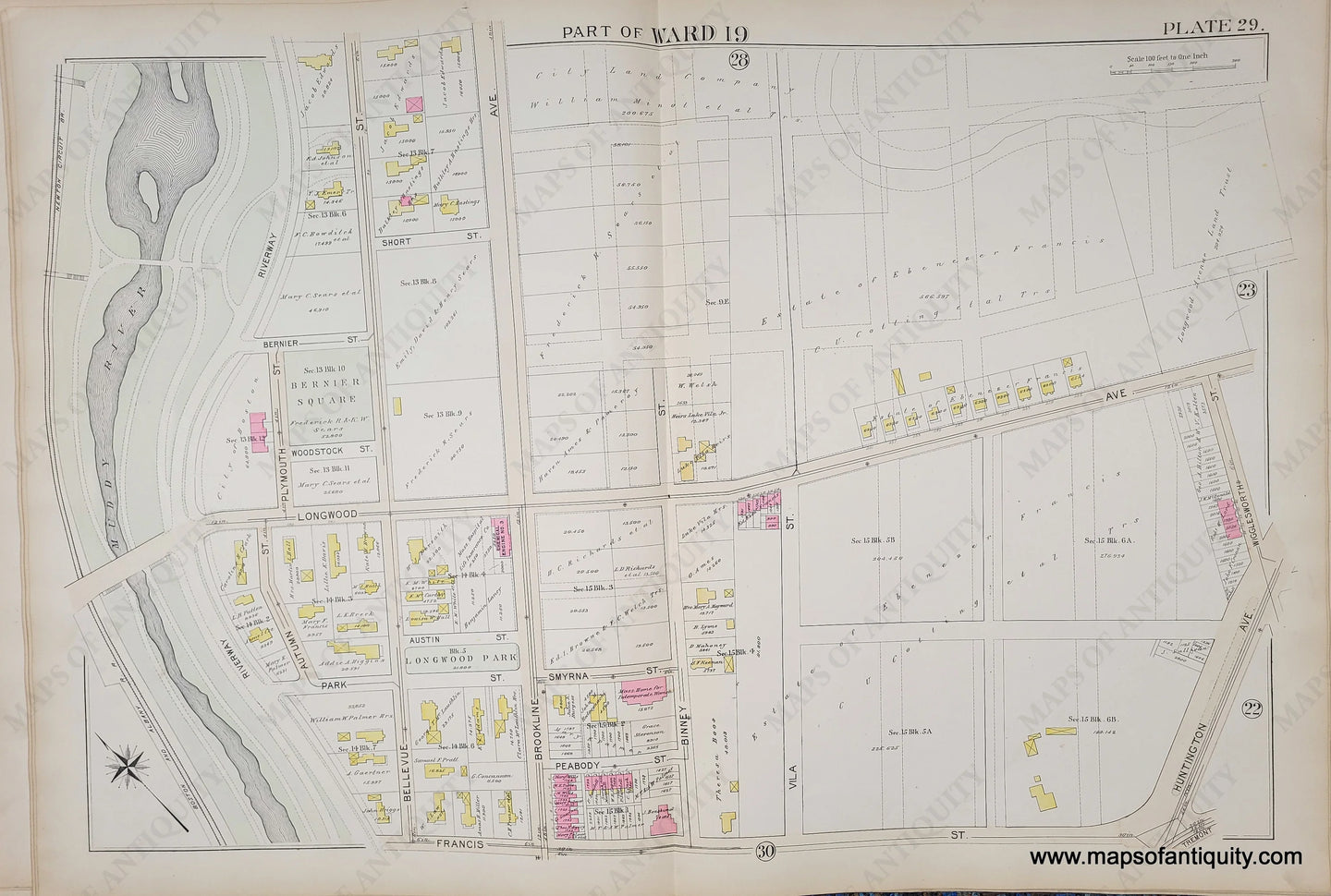 Genuine-Antique-Map-Plate-29-Part-of-Ward-19-City-of-Boston-1895-Bromley-Maps-Of-Antiquity