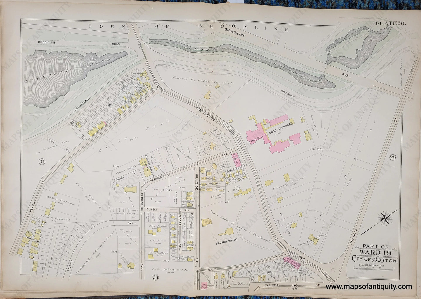 Genuine-Antique-Map-Plate-30-Part-of-Ward-19-City-of-Boston-1895-Bromley-Maps-Of-Antiquity