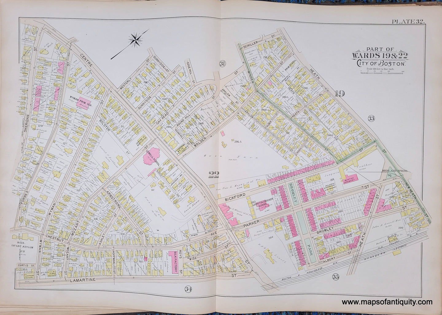 Genuine-Antique-Map-Plate-32-Part-of-Wards-19-22-City-of-Boston-1895-Bromley-Maps-Of-Antiquity