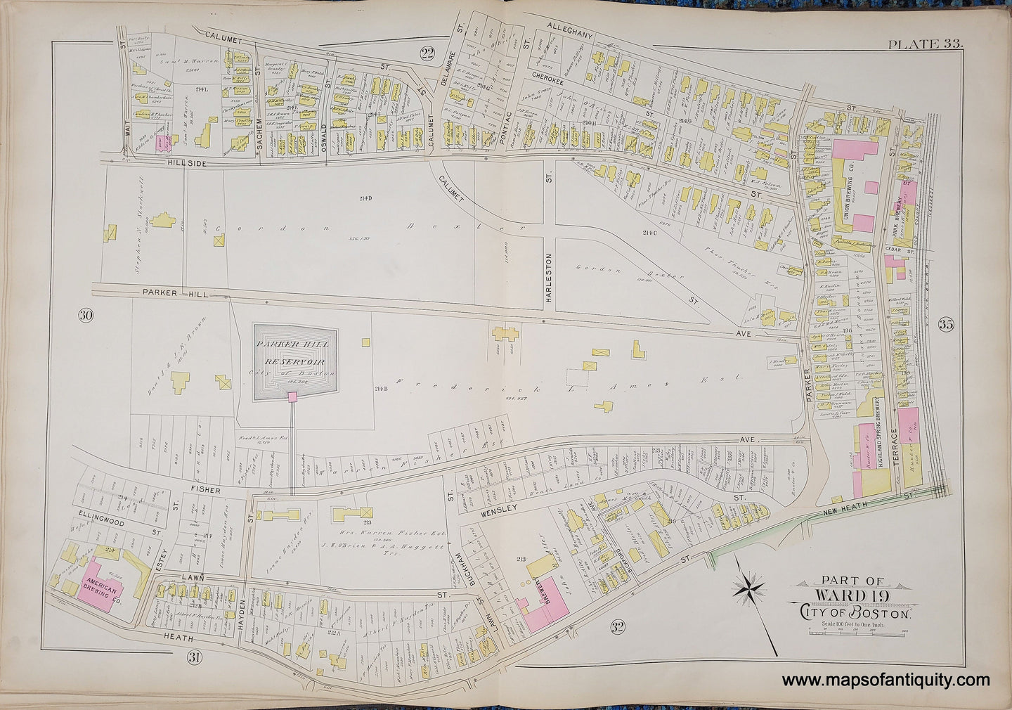 Genuine-Antique-Map-Plate-33-Part-of-Ward-19-City-of-Boston-1895-Bromley-Maps-Of-Antiquity