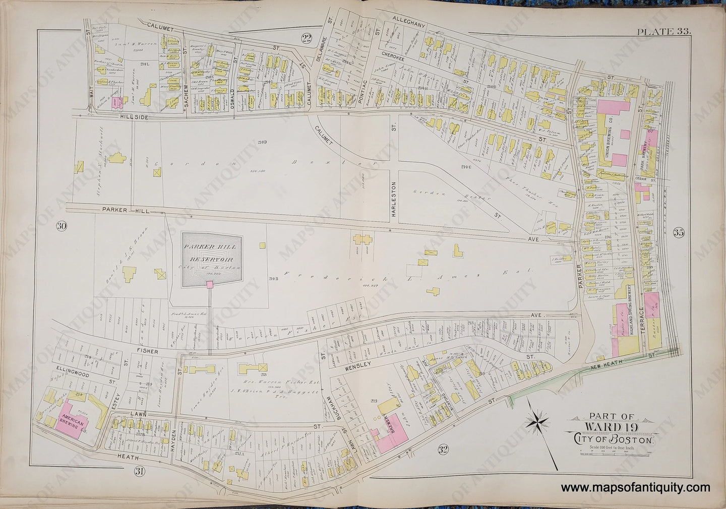 Genuine-Antique-Map-Plate-33-Part-of-Ward-19-City-of-Boston-1895-Bromley-Maps-Of-Antiquity