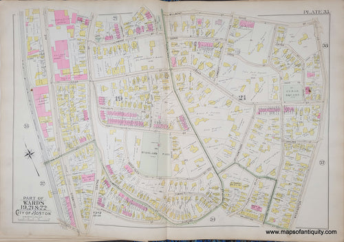 Genuine-Antique-Map-Plate-35-Part-of-Wards-19-12--22-City-of-Boston-1895-Bromley-Maps-Of-Antiquity