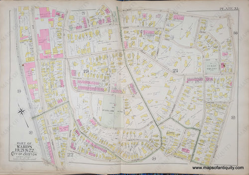 Genuine-Antique-Map-Plate-35-Part-of-Wards-19-12--22-City-of-Boston-1895-Bromley-Maps-Of-Antiquity