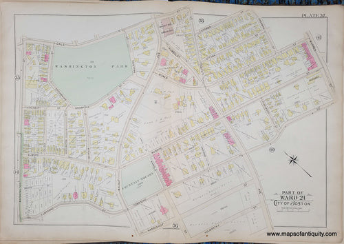 Genuine-Antique-Map-Plate-37-Part-of-Ward-21-City-of-Boston-1895-Bromley-Maps-Of-Antiquity