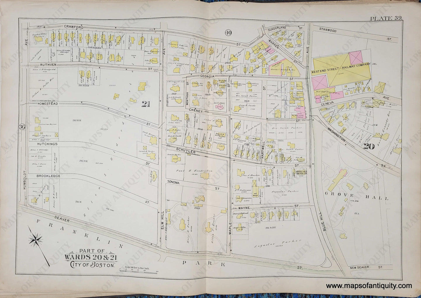 Genuine-Antique-Map-Plate-39-Part-of-Wards-20-21-City-of-Boston-1895-Bromley-Maps-Of-Antiquity