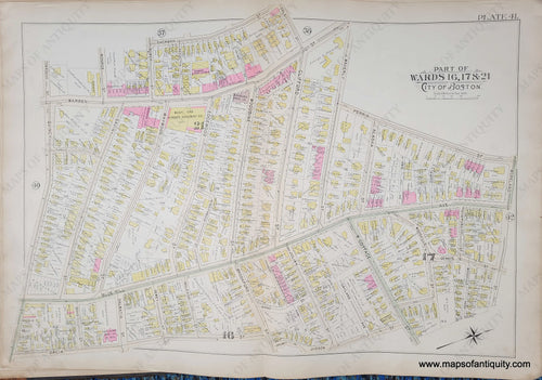 Genuine-Antique-Map-Plate-41-Part-of-Wards-16-17--21-City-of-Boston-1895-Bromley-Maps-Of-Antiquity