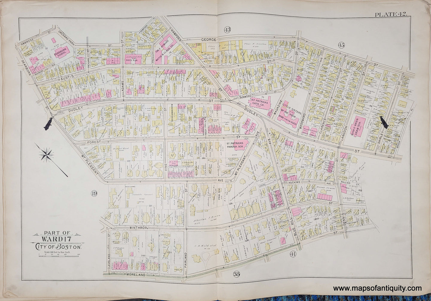 Genuine-Antique-Map-Plate-42-Part-of-Ward-17-City-of-Boston-1895-Bromley-Maps-Of-Antiquity