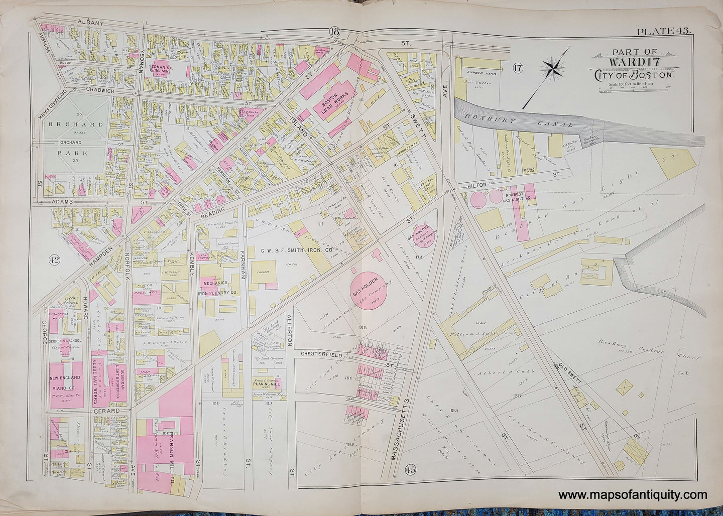Genuine-Antique-Map-Plate-43-Part-of-Ward-17-City-of-Boston-1895-Bromley-Maps-Of-Antiquity
