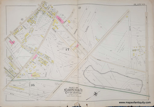 Genuine-Antique-Map-Plate-45-Part-of-Wards-16-17-City-of-Boston-1895-Bromley-Maps-Of-Antiquity