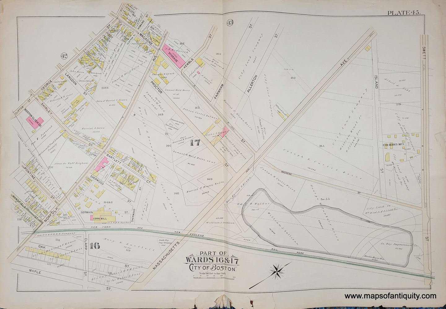 Genuine-Antique-Map-Plate-45-Part-of-Wards-16-17-City-of-Boston-1895-Bromley-Maps-Of-Antiquity