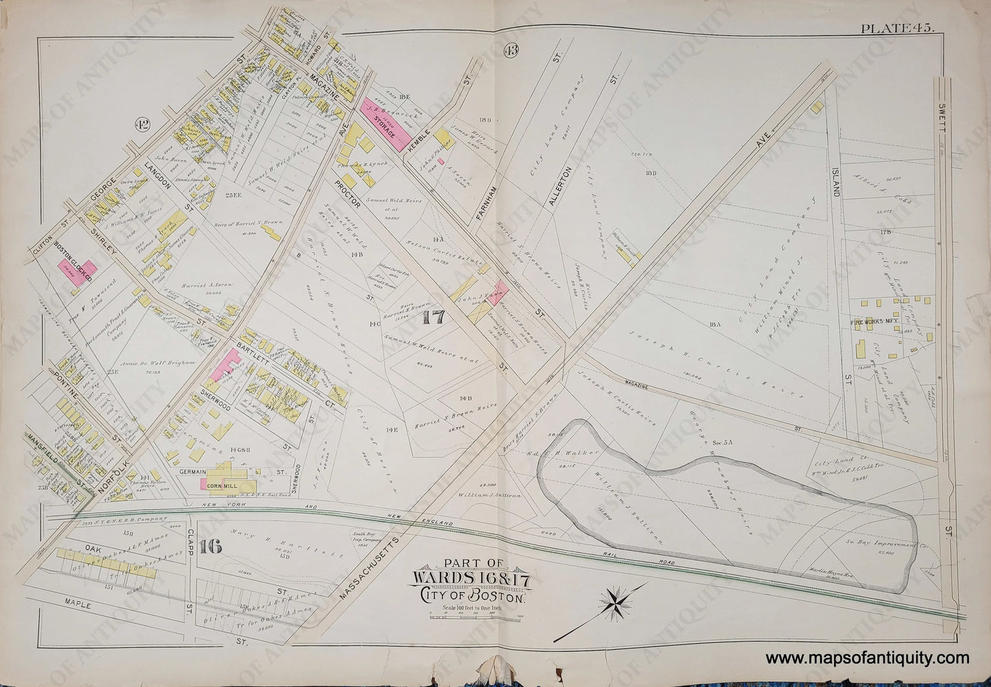 Genuine-Antique-Map-Plate-45-Part-of-Wards-16-17-City-of-Boston-1895-Bromley-Maps-Of-Antiquity