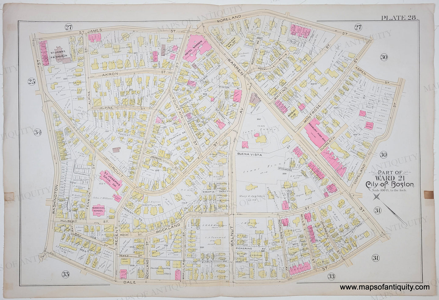Antique map of a part of Roxbury in the city of Boston, showing streets and boundaries. Original colors of blue, green, yellow, pink