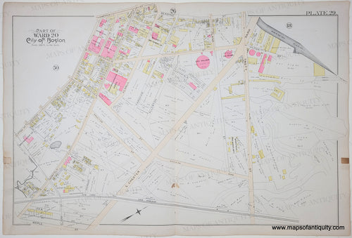 Antique map of a part of Roxbury in the city of Boston, showing streets and boundaries. Original colors of blue, green, yellow, pink