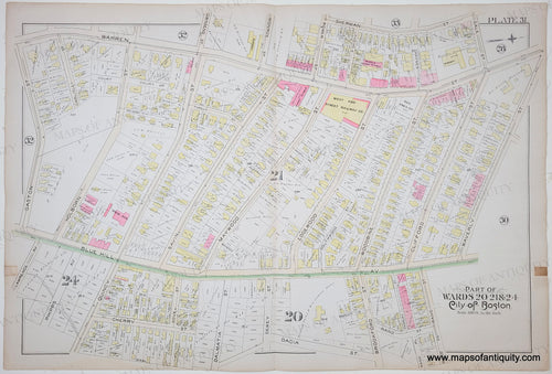 Antique map of a part of Roxbury in the city of Boston, showing streets and boundaries. Original colors of blue, green, yellow, pink
