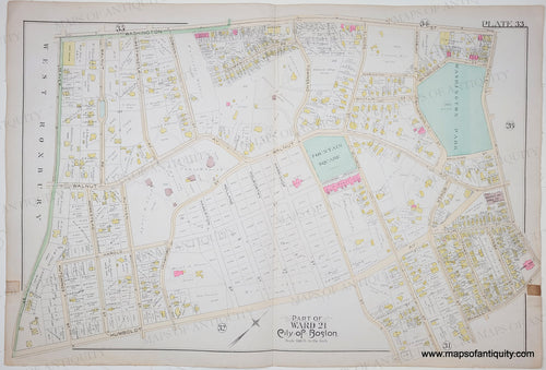 Antique map of a part of Roxbury in the city of Boston, showing streets and boundaries. Original colors of blue, green, yellow, pink