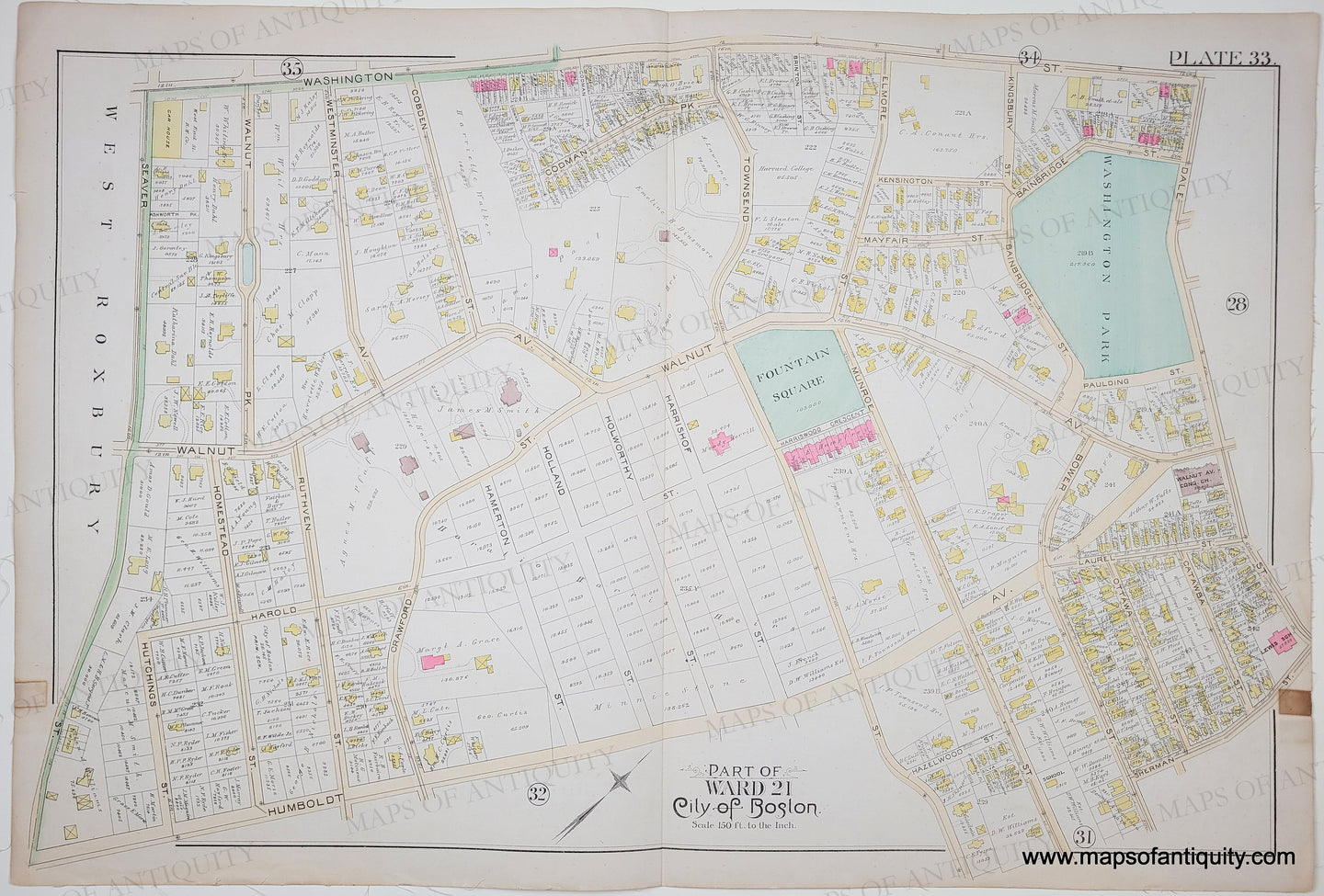 Antique map of a part of Roxbury in the city of Boston, showing streets and boundaries. Original colors of blue, green, yellow, pink