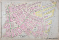 An antique city map of part of Downtown City of Boston, 1890, featuring pink and yellow buildings, green ward boundaries, and tan street lines on aged beige paper.