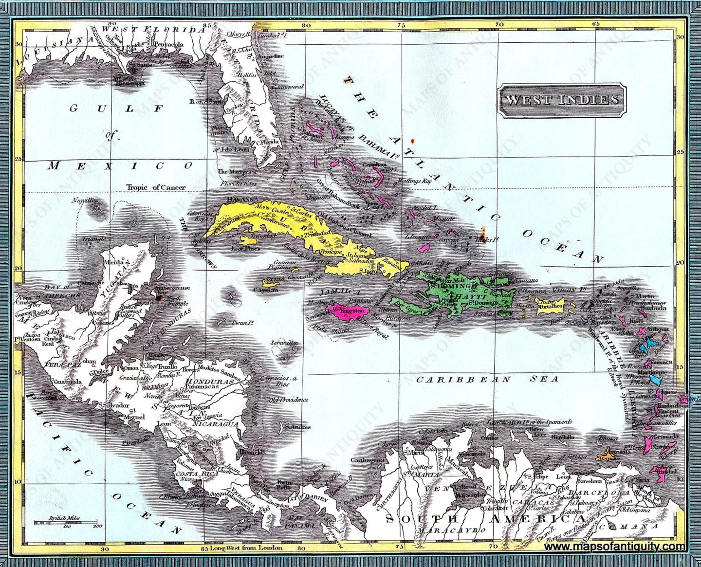 Antique-Hand-Colored-Map-West-Indies.**********--Central-America-and-Caribbean-1832-C.S.-Williams-Maps-Of-Antiquity