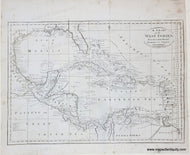 An antique nautical chart of the West Indies, printed in black ink on aged, off-white paper 