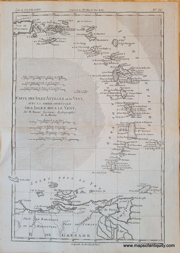 Antique map of part of the Caribbean  with Puerto Rico, Virgin Islands, WIndward Islands, Leeward Islands, printed in black ink on antique cream colored paper. also includes a bit of South America, Trinidad and Tobago. Dynamic composition.