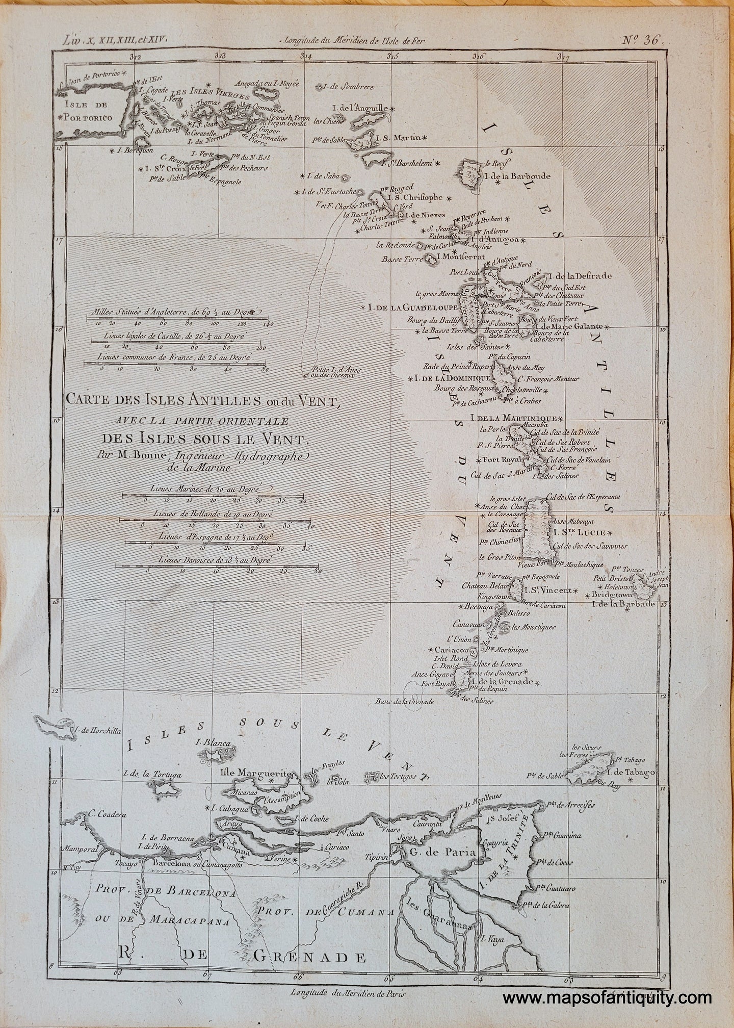 Antique map of part of the Caribbean  with Puerto Rico, Virgin Islands, WIndward Islands, Leeward Islands, printed in black ink on antique cream colored paper. also includes a bit of South America, Trinidad and Tobago. Dynamic composition.