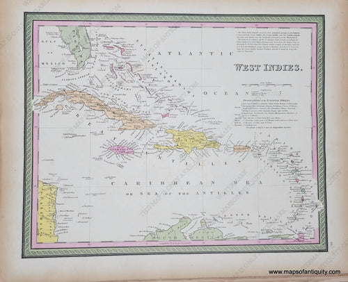 Antique Map with original hand-coloring in tones of green, yellow, peach, and pink. 
Antique-Hand-Colored-Map-West-Indies-Central-America-and-Caribbean-West-Indies-1849-Mitchell-Maps-Of-Antiquity