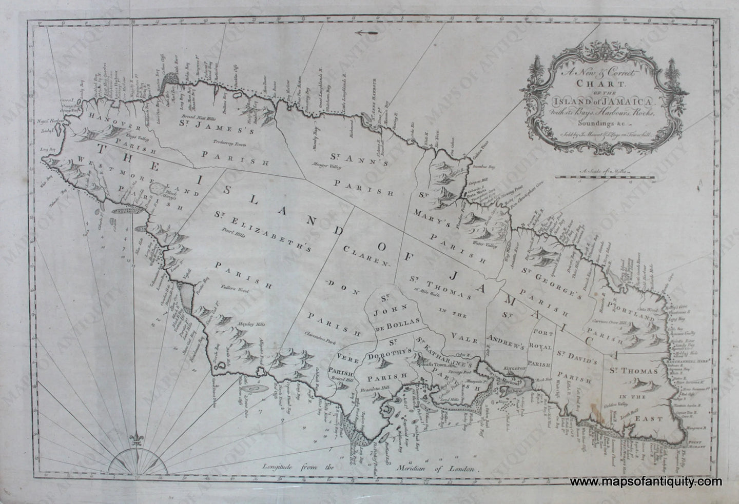 Black-and-White-Antique-Map-A-New-&-Correct-Chart-of-the-Island-of-Jamaica-with-its-Bays-Harbours-Rocks-Soundings-&c.-Central-America-and-Caribbean-West-Indies-1770-Mount-and-Page-Maps-Of-Antiquity