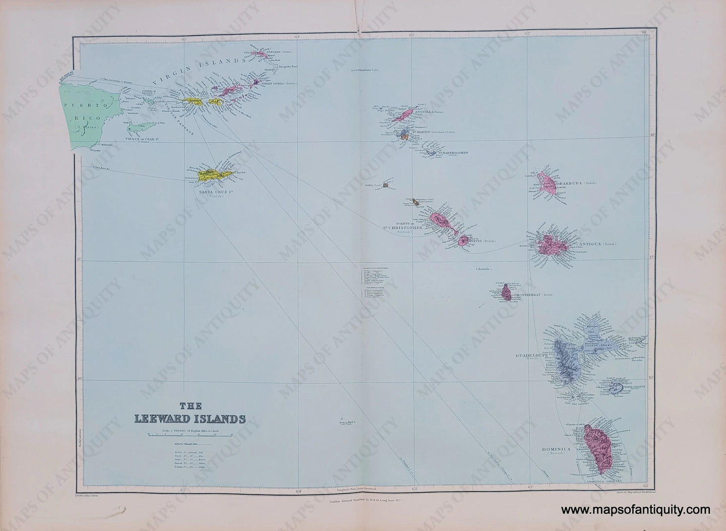 Antique-Map-The-Leeward-Islands-Caribbean-virgin-islands-st kitts-antigua-West-Indies--1904-Stanford-Maps-Of-Antiquity