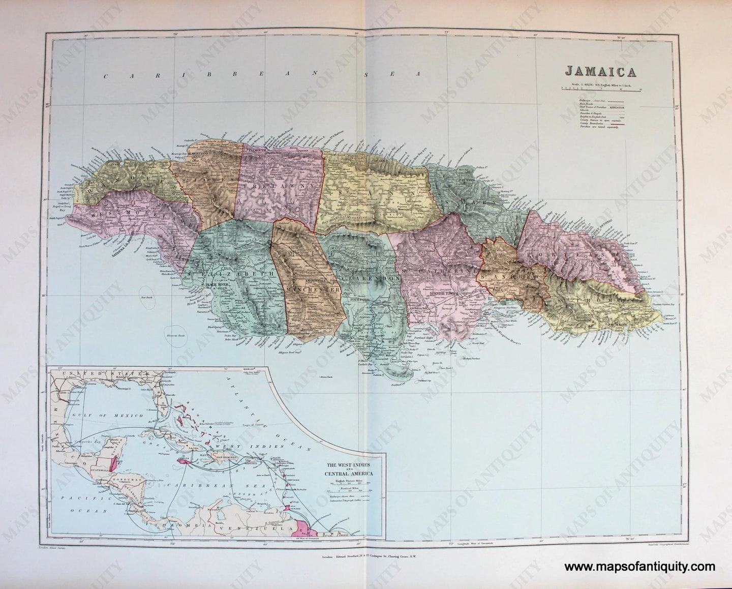 Antique-Hand-Colored-Map-Jamaica-**********-West-Indies--1904-Stanford-Maps-Of-Antiquity