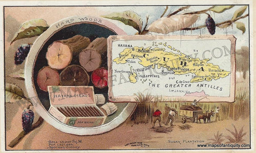 Antique-Chromolithograph-Map-Cuba-1890-Arbuckle-1800s-19th-century-Maps-of-Antiquity