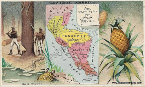 Antique-Chromolithograph-Map-Central-America-Guatemala-Belize-Honduras-El-Salvador-Nicaragua-costa-rica-1890-Arbuckle-1800s-19th-century-Maps-of-Antiquity