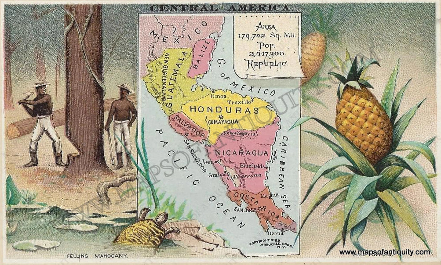 Antique-Chromolithograph-Map-Central-America-Guatemala-Belize-Honduras-El-Salvador-Nicaragua-costa-rica-1890-Arbuckle-1800s-19th-century-Maps-of-Antiquity