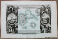 1851 - Guadeloupe Colonies Francaises (En Amerique.) Antique Map Genuine Hand-Colored