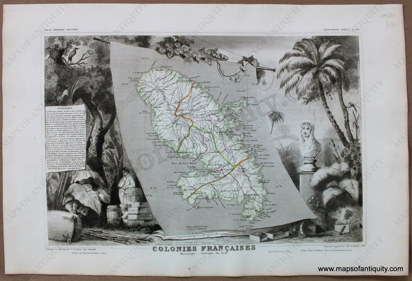 1851 - Martinique Colonies Francaises Amerique Du Sud. Antique Map Genuine Hand-Colored