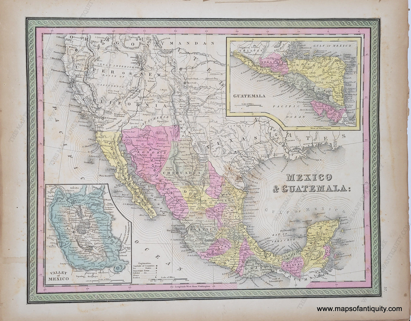 Antique Map with original hand-coloring in tones of green, yellow, peach, and pink. 
Antique-Hand-Colored-Map-Mexico-&-Guatemala.-Central-America-and-Caribbean--1849-Mitchell-Maps-Of-Antiquity