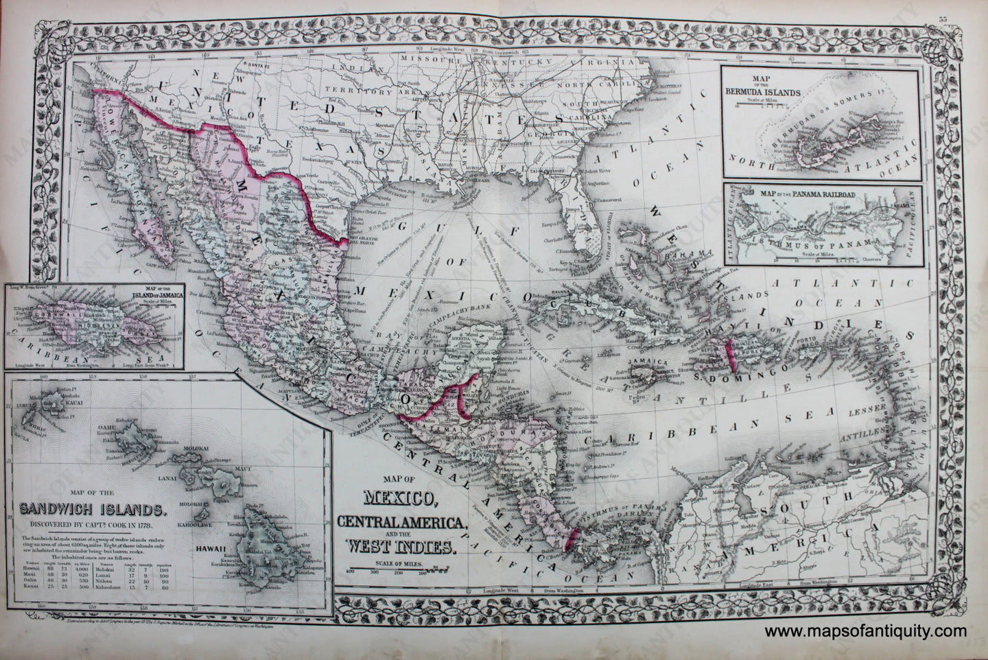 Antique-Hand-Colored-Map-Map-of-Mexico-Central-America-and-the-West-Indies-Central-America-Central-America-1872-Mitchell-Maps-Of-Antiquity