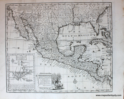 Antique-Black-and-White-Map-A-New-and-Accurate-Map-of-Mexico-or-New-Spain-together-with-California-New-Mexico-&c.-Central-America--c.-1747-Bowen-Maps-Of-Antiquity