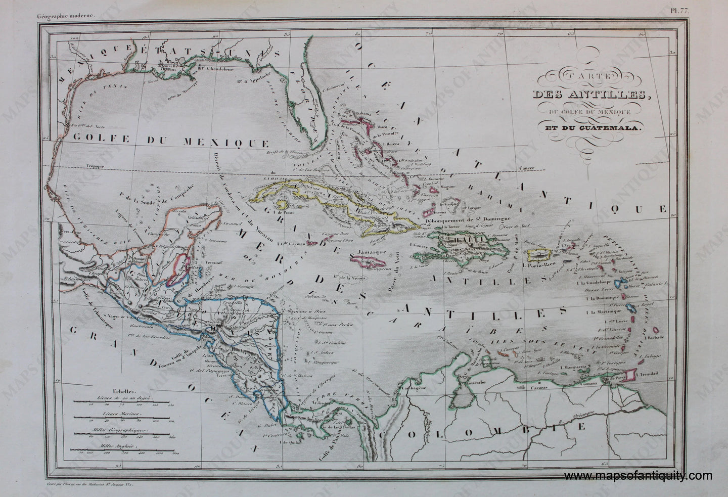 Antique-Hand-Colored-Map-Carte-Des-Antilles-du-Golfe-du-Mexique-et-du-Guatemala-Caribbean-&Latin-America-Central-America-1846-M.-Malte-Brun-Maps-Of-Antiquity