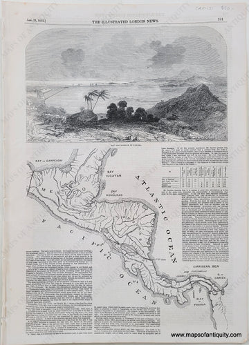 Genuine-Antique-Map-Bay-and-Harbour-of-Panama-with-map-of-potential-canal-locations-Central-America--1852-Illustrated-London-News-Maps-Of-Antiquity-1800s-19th-century