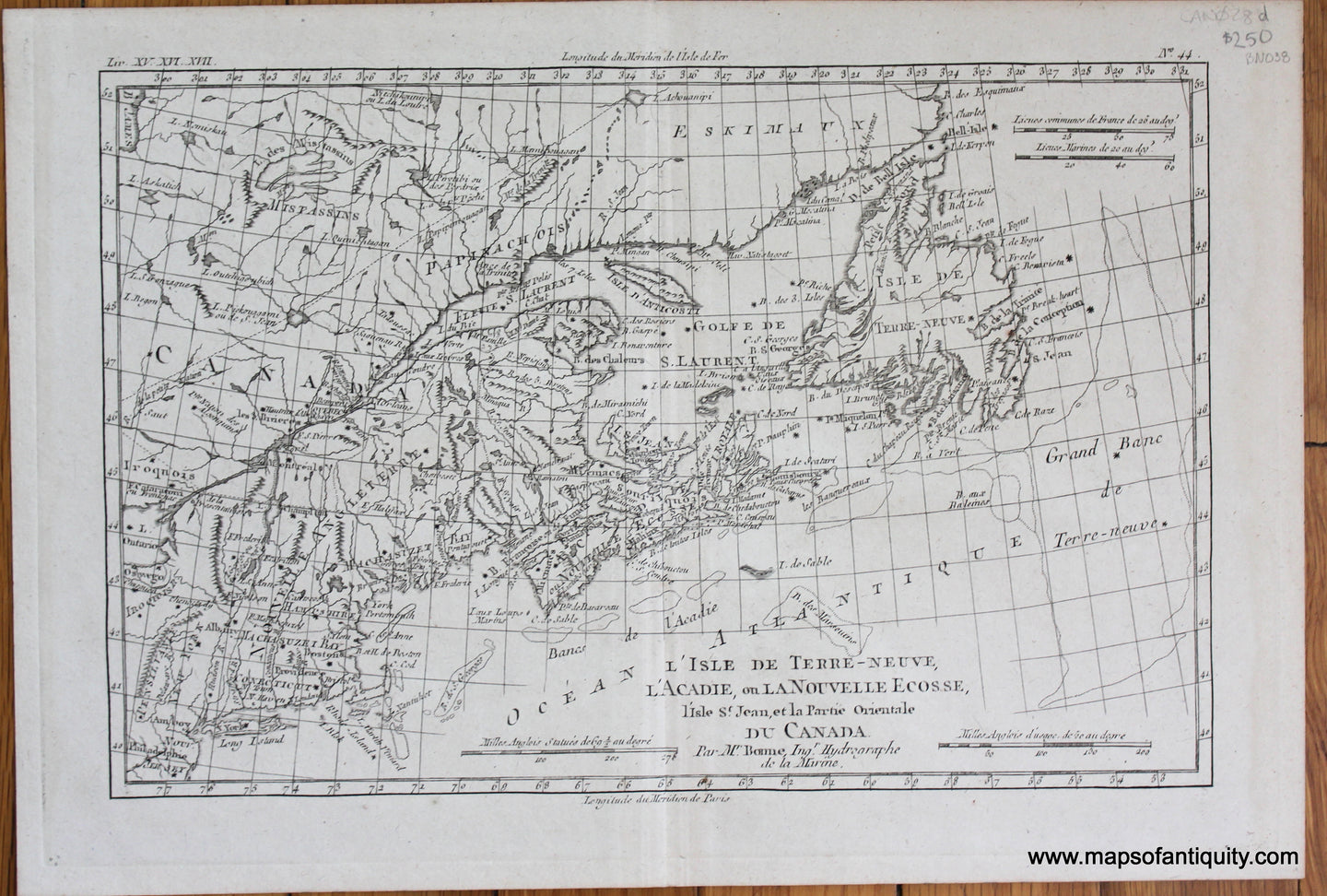 Antique map of the Canadian Maritimes Uncolored-Engraved-Antique-Map-L'isle-de-Terre-Neuve-l'Acadie-ou-la-Nouvelle-Ecosse-l'isle-Saint-Jean-et-la-partie-orientale-du-Canada.-North-America-Canada-1780-Raynal-and-Bonne-Maps-Of-Antiquity