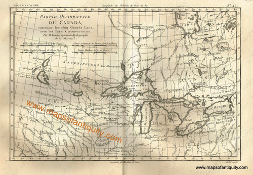 Antique-Black-and-White-Map-Partie-occidentale-du-Canada-contenant-les-cinq-grands-lacs-du-Canada-etc.--North-America-Canada-1780-Raynal-and-Bonne-Maps-Of-Antiquity