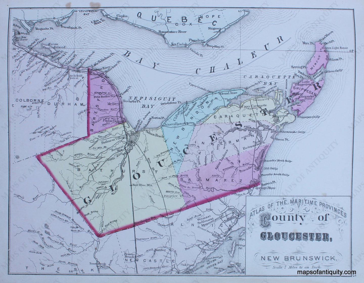 Antique-Hand-Colored-Map-County-of-Gloucester-New-Brunswick-North-America-Canada-1879-Roe-Maps-Of-Antiquity