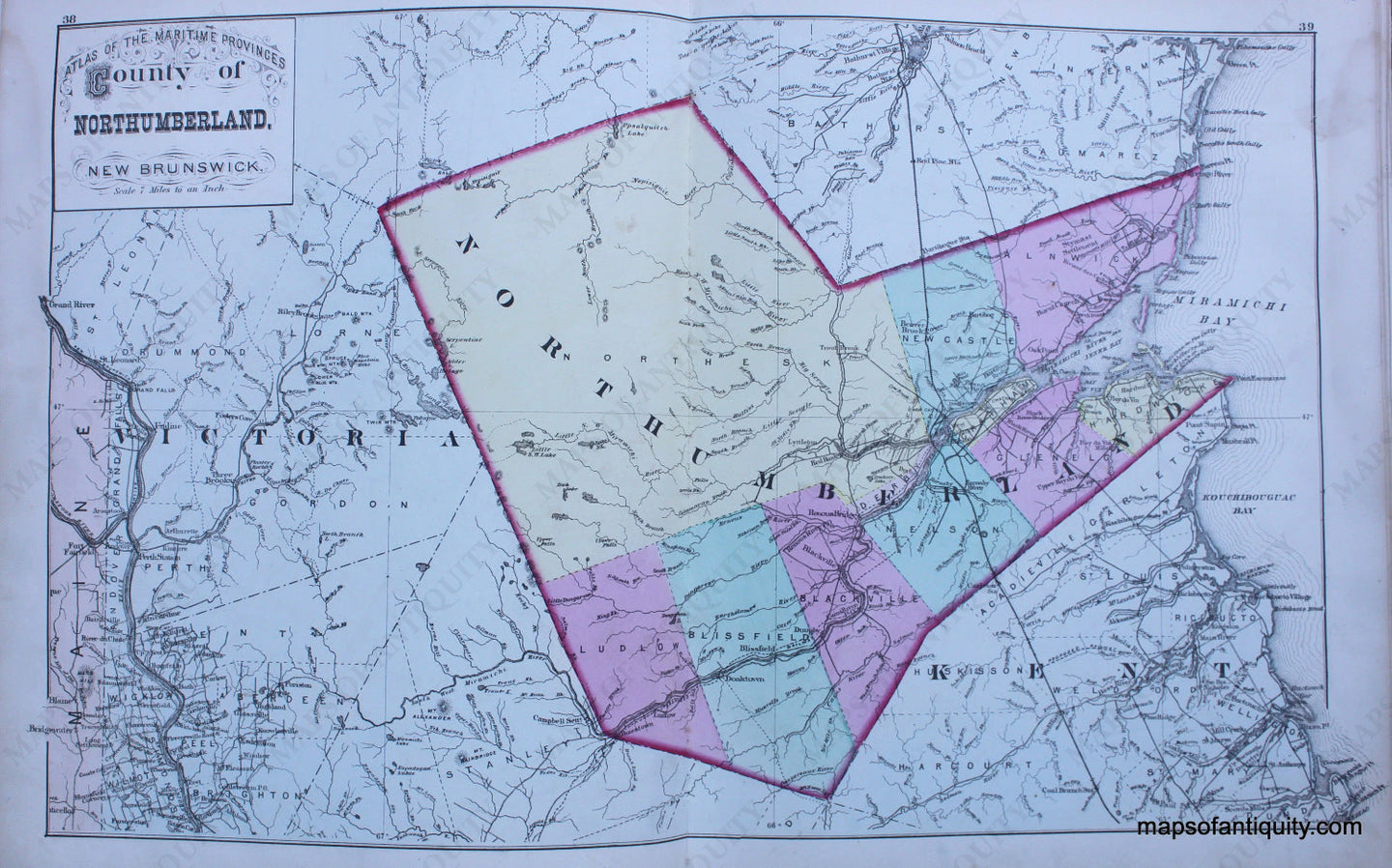 Antique-Hand-Colored-Map-County-of-Northumberland-New-Brunswick-North-America-Canada-1879-Roe-Maps-Of-Antiquity