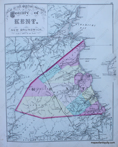 Antique-Hand-Colored-Map-County-of-Kent-New-Brunswick-North-America-Canada-1879-Roe-Maps-Of-Antiquity