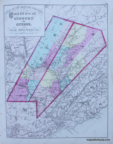 Antique-Hand-Colored-Map-Counties-of-Sunbury-and-Queens-New-Brunswick--North-America-Canada-1879-Roe-Maps-Of-Antiquity