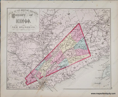 Antique-Hand-Colored-Map-County-of-Kings-New-Brunswick--North-America-Canada-1879-Roe-Maps-Of-Antiquity Antique colors of pink, yellow, blue and green.