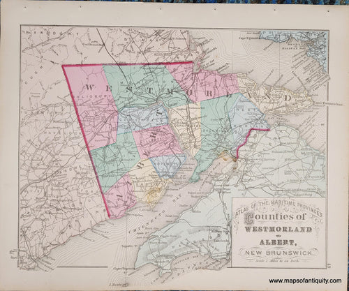 Antique-Hand-Colored-Map-Counties-of-Westmorland-and-Albert-New-Brunswick--North-America-Canada-1879-Roe-Maps-Of-Antiquity. Colored by town in antique colors of blue, green, pink, yellow.